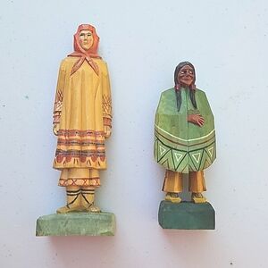Vintage Wooden Carved Native American Man and Woman Figurines Carved In 1960-70
